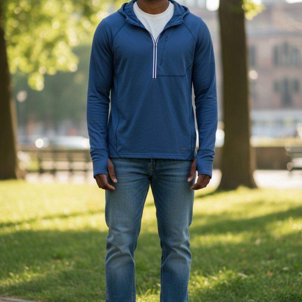 REI Shirt Mens Large Blue Hooded Pullover Long Sleeve Athletic Hiking Stretch